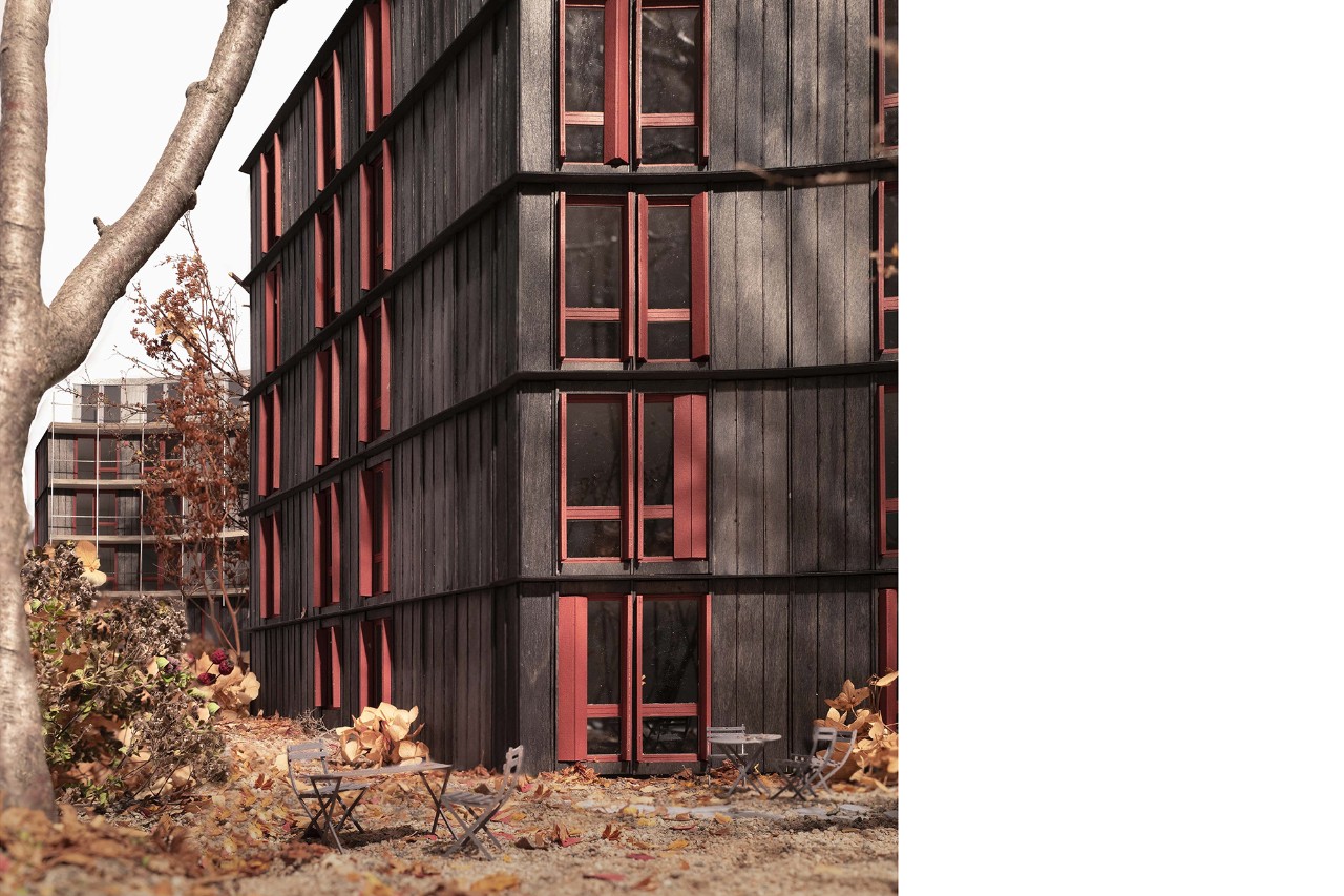 Visualisierung Wohnsiedlung Rotbuch Siegerprojekt VOLIÈRE – Blick auf die Holzfassade (Visualisierung: Edelaar Mosayebi Inderbitzin Architekten AG, Zürich)